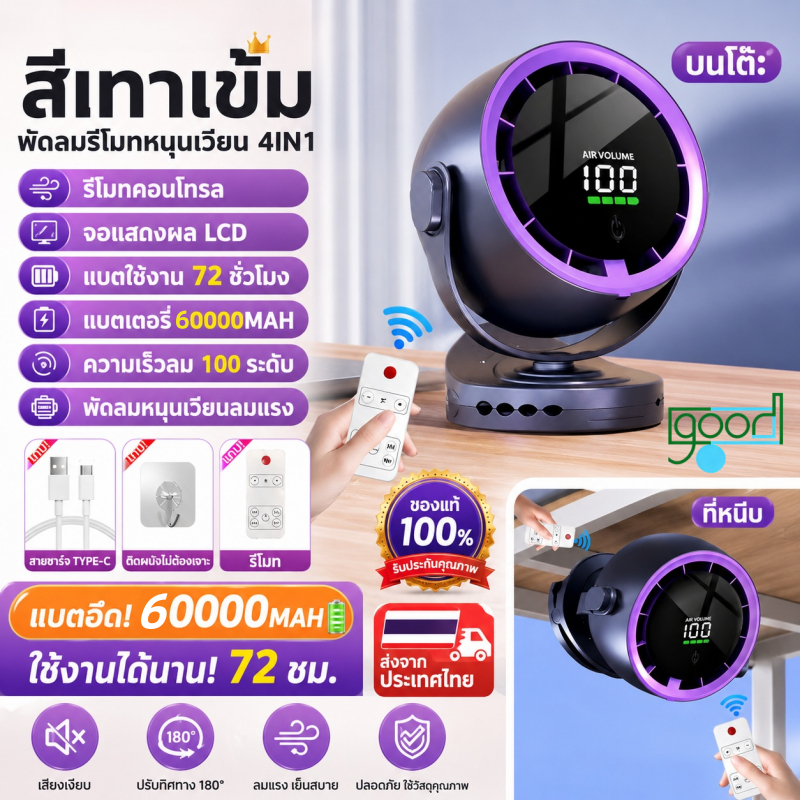 พัดลมตั้งโต๊ะ พัดลมพกพา พัดลมUSB 60000mAh ลมแรง 100 ระดับ ใบพัดกังหัน 7 ใบ ลมเงียบ พัดลมหนีบ ชาร์จUSB ตั้งได้ ปรับมุมได้