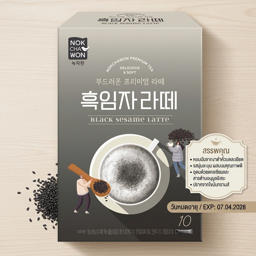 [EXP.07.04.2028 10 ซอง] NOKCHAWON Black Sesame Latte 180g ธัญพืชลาเต้ผสมงาดำ