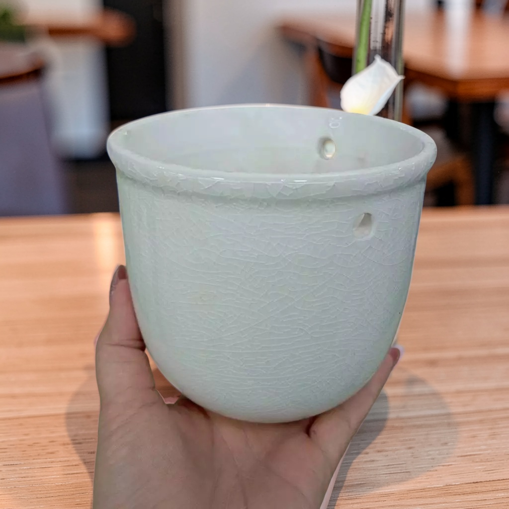 กระถางเซรามิกสีขาว flower pot ทรงกลมนี้มีลวดลายแตกงาที่สวยงามและมีรูสำหรับแขวน