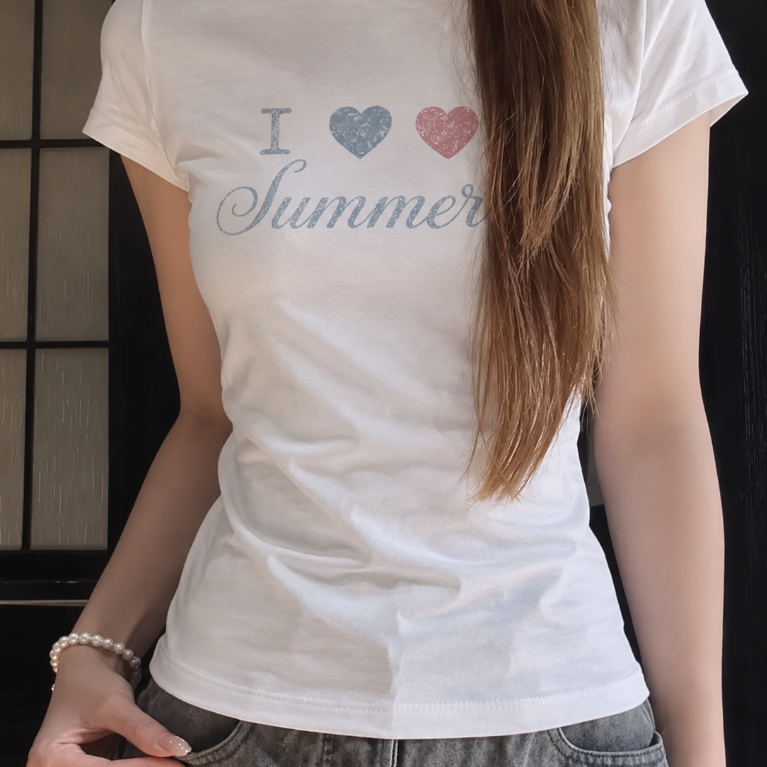 (พร้อมส่ง24ชม.) UIMI เสื้อยืดผู้หญิง Baby Tee ทรงเข้ารูป ลายข้อความรักฤดูร้อน สไตล์เกาหลี ใส่ได้ทุกวัน