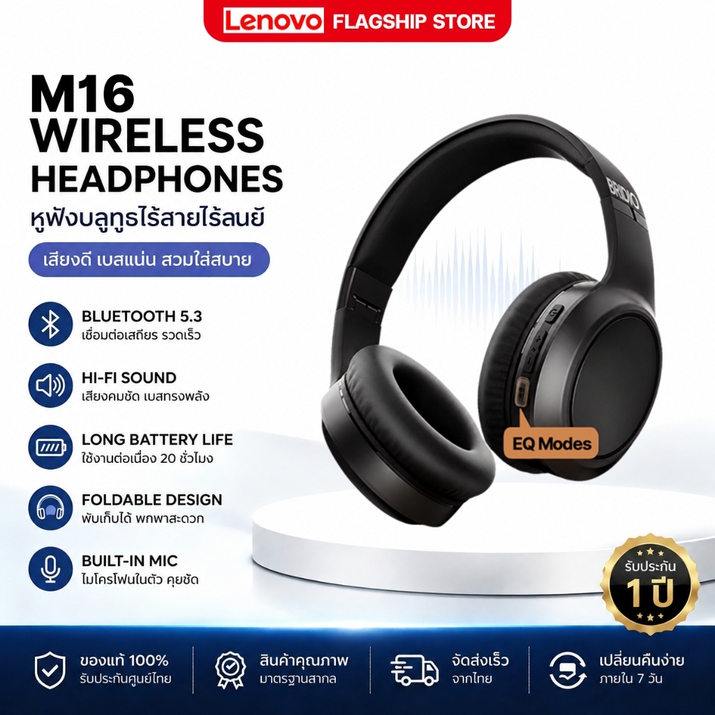 Bridio M16 หูฟังบลูทูธ รองรับ Bluetooth 5.3 3EQ Noise Reduction Headphone Low Latencyหูฟัง with MIC หูฟังครอบหู20ชั่วโมง