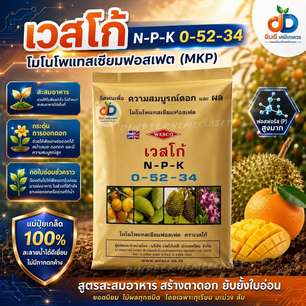 ปุ๋ยเกล็ด เวสโก้ 0-52-34 ขนาด 1 กิโลกรัม ช่วยเสริมสร้างให้พืชออกดอก ช่วยเร่งดอก หยุดการแตกใบอ่อน