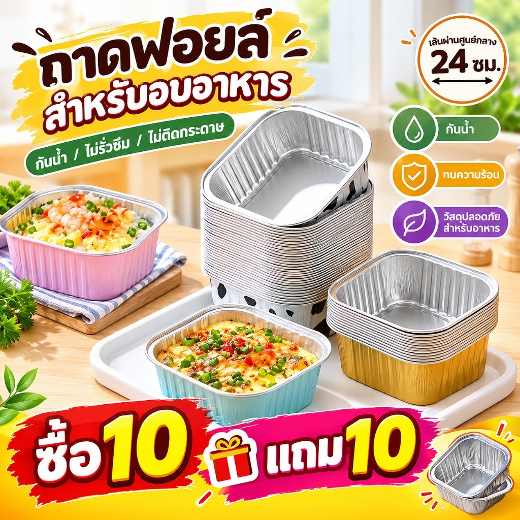 ซื้อ 10 ชิ้น แถมฟรี 10 ชิ้น! ถ้วยฟอยล์อลูมิเนียมทรงสี่เหลี่ยม สีขาวและสีฟ้า ราคาประหยัด ใช้ได้กับไมโครเวฟและหม้อทอดไร้น้