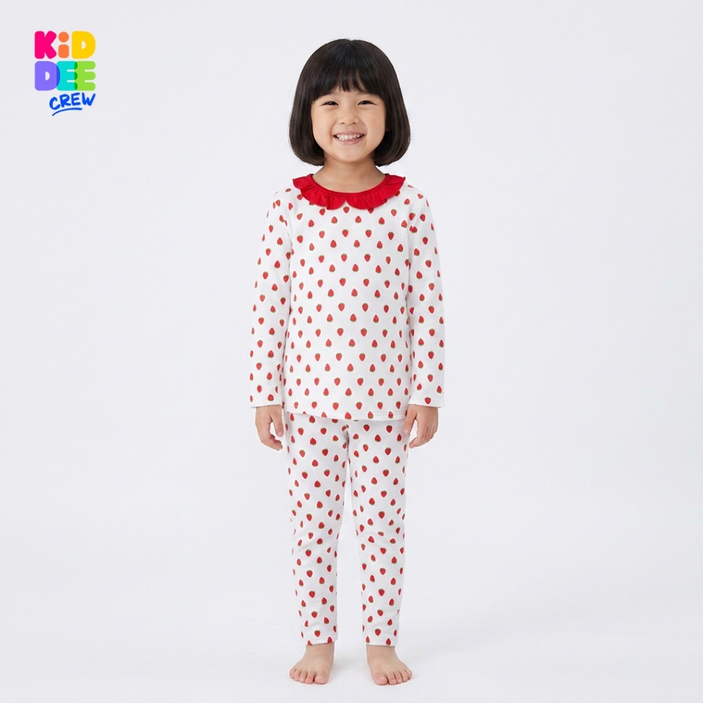KiddeeCrew ชุดนอนเด็กสีครีมสตอเบอรี่แดงระบายคอ เหมาะสำหรับอายุ 1-12 ปี
