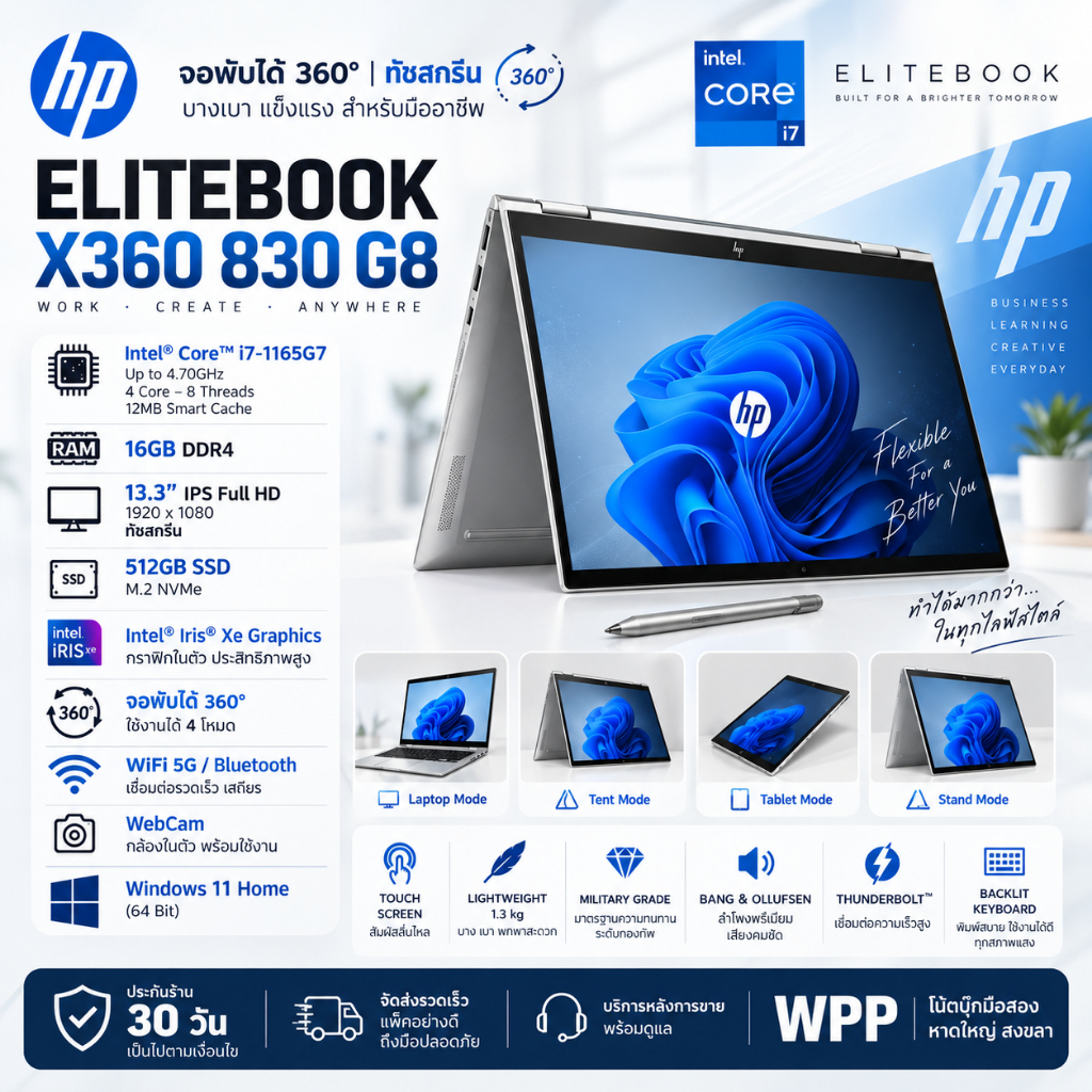 HP EliteBook x360 830 G8 โน๊ตบุ๊คมือสอง i7 Gen11 RAM16GB SSD512GB จอทัช พับ 360°