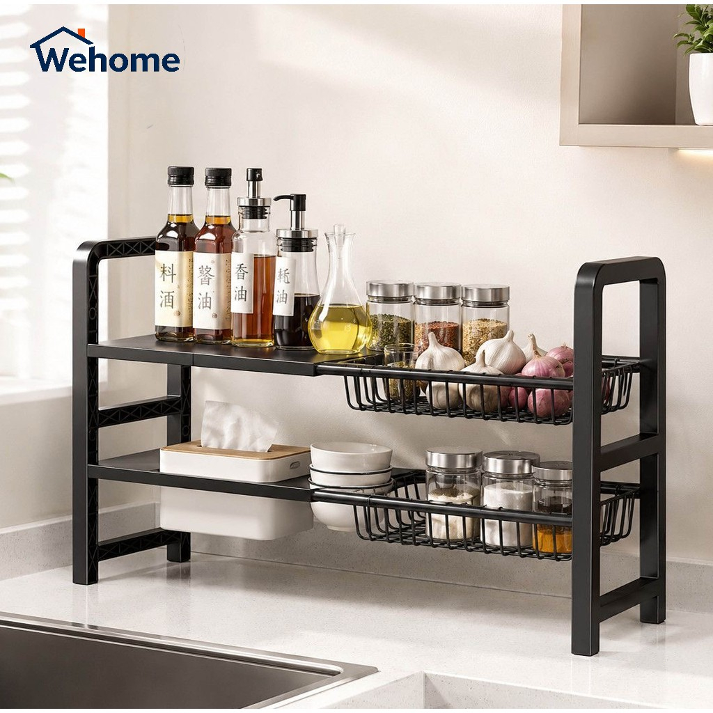 Wehome ชั้นวางใต้ซิงค์ สำหรับวางหม้อ ขวดเครื่องปรุง และจัดเก็บของ แข็งแรงทนทาน ประหยัดพื้นที่