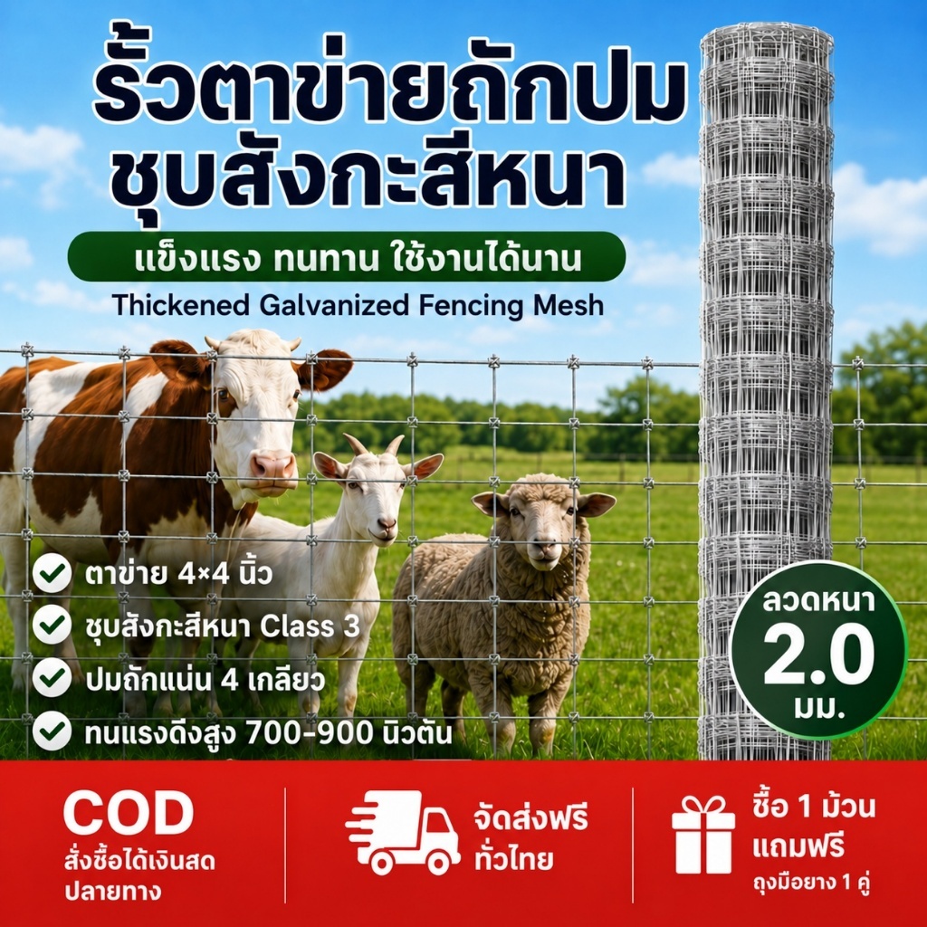 รับประกัน 50ปี+ รั้วถักปม รั้วตาข่ายแรงดึง ยาว30m-50m ไม่เกิดสนิม ลวดตาข่ายถักปม ลวดล้อมคอกม้า วัว แพะ ตาข่าย