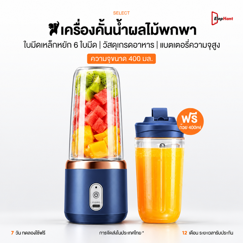 เครื่องปั่นผลไม้แบบพกพา 400ML ใบมีด 6 ใบ ปั่นผลไม้ได้อย่างรวดเร็ ทำมิลค์เชค ปั่นน้ำแข็ง อเนกประสงค์ แก้วปั่นผลไม้