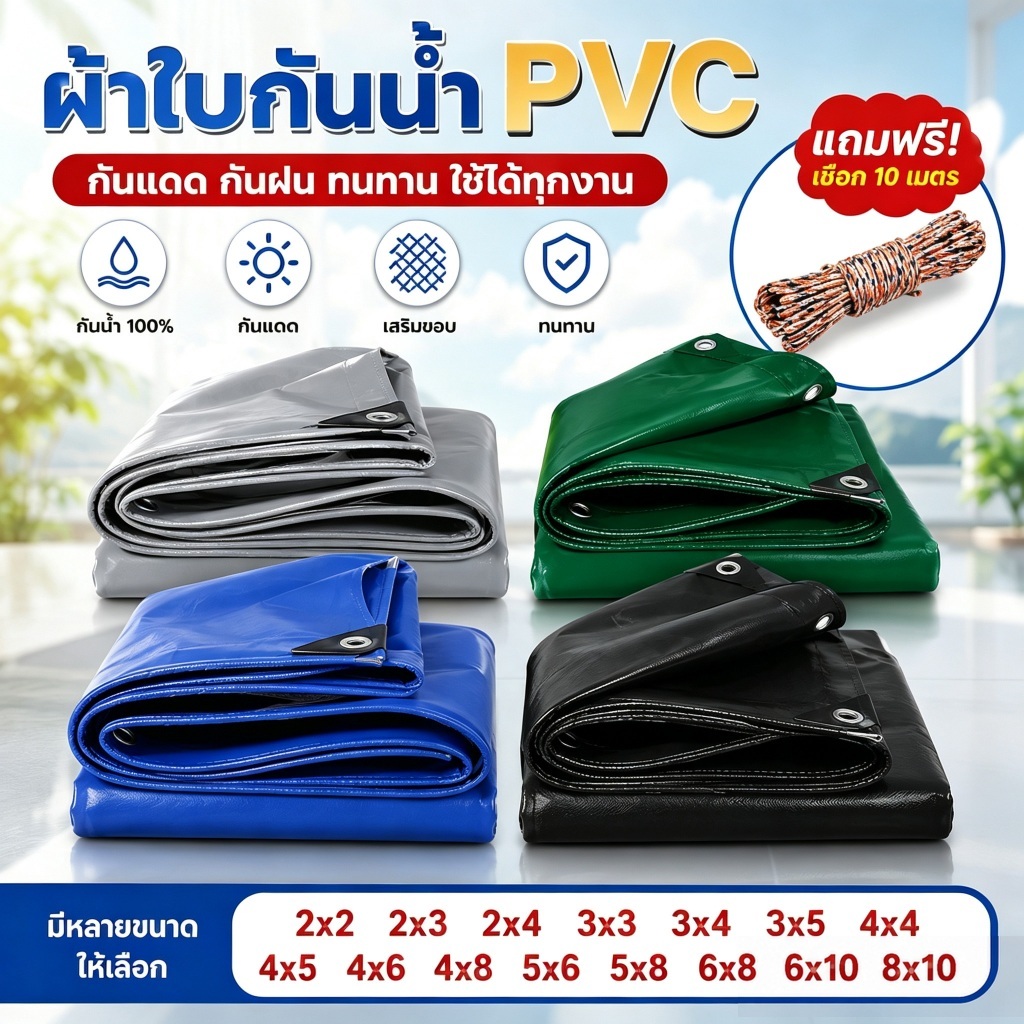 ✅วันนี้ส่งเชือก✅ผ้าใบกันแดดกันฝน ผ้าใบ Pvcผ้าใบกันแดด(มีตาไก่) ผ้าคลุมรถ ผ้าเต้น ผ้าใบกันฝน ขนาด 2x2 2x4 2x3 3x4 4x5 เมต