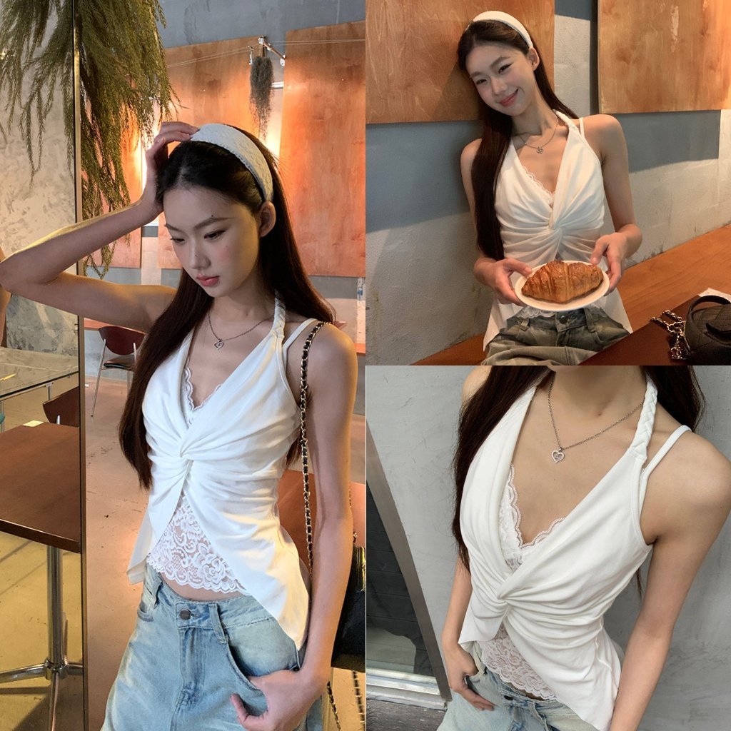 HRG เสื้อกล้ามสายคล้องคอผู้หญิง รุ่นใหม่ 2026 ฤดูร้อน สีขาว ลูกไม้ ดีไซน์หลังสวย สไตล์สาวแซ่บ ไม่มีแ