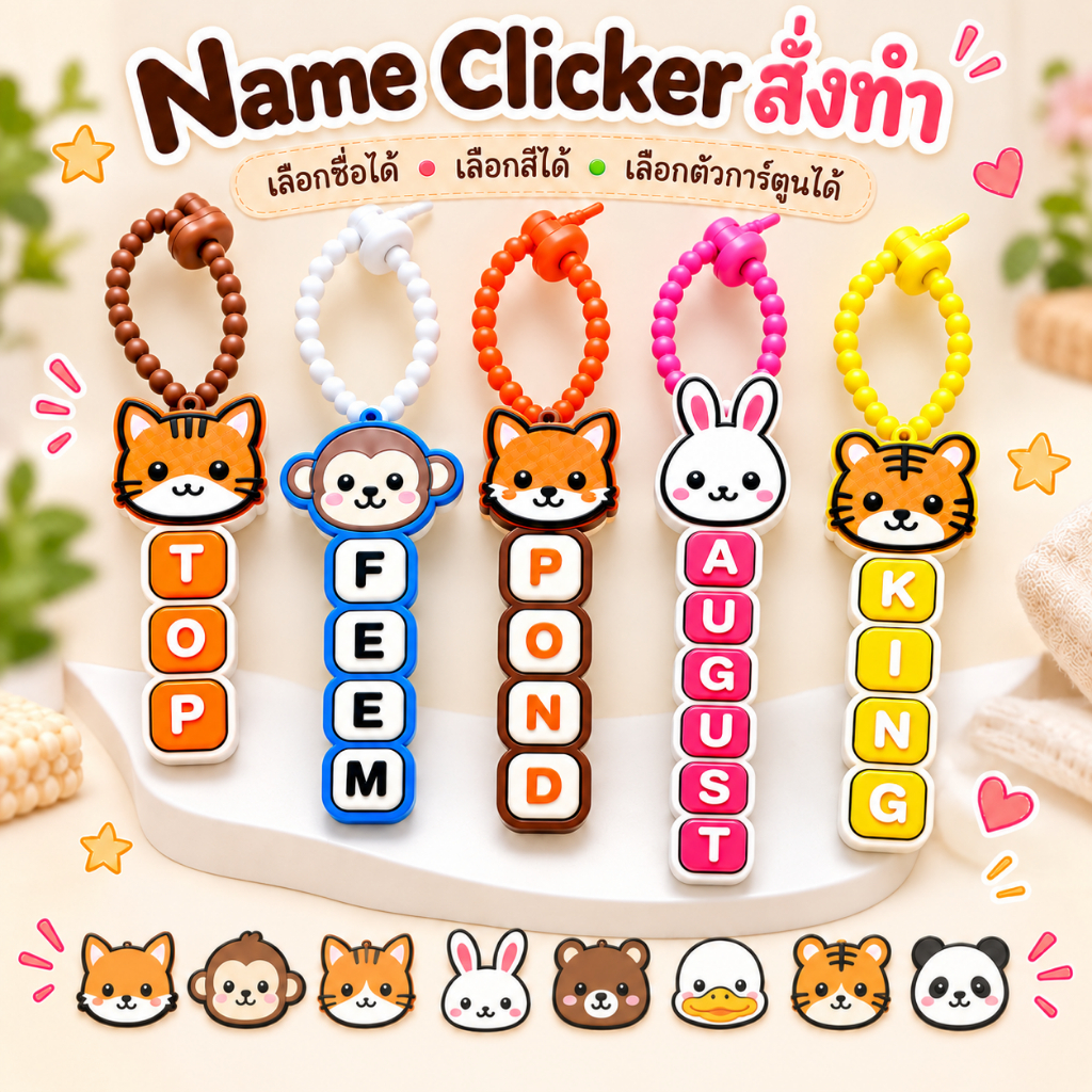 พวงกุญแจ 3D Clicker การ์ตูน สั่งทำชื่อ 1-7 ช่อง เลือกตัวละครและสีได้ กดได้ ของขวัญน่ารัก