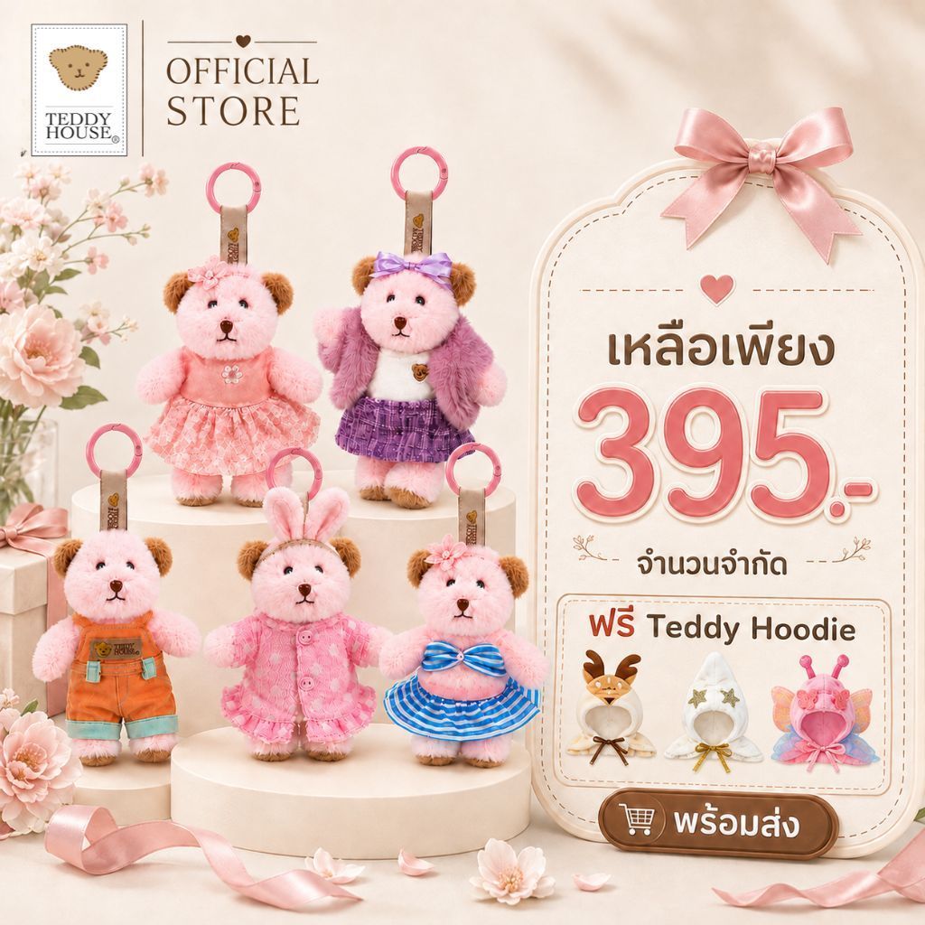 Teddy House : Gigi Keychain พวงกุญแจตุ๊กตาหมี สีชมพู สุดคิ้ว พกพาง่าย ห้อยกระเป๋า ขนาด 6 นิ้ว