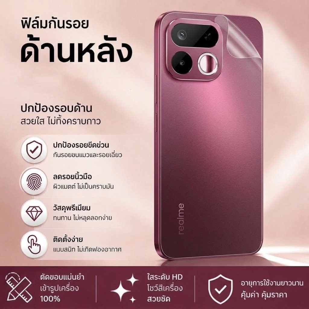ฟิล์มหลังสีใส สำหรับ For Realme C85 C83 C81 C75 C73 C71 C65 C67 C55 C53 C51 C33 Note 80 70 60 50 16 Pro 15 15T 14 13 12
