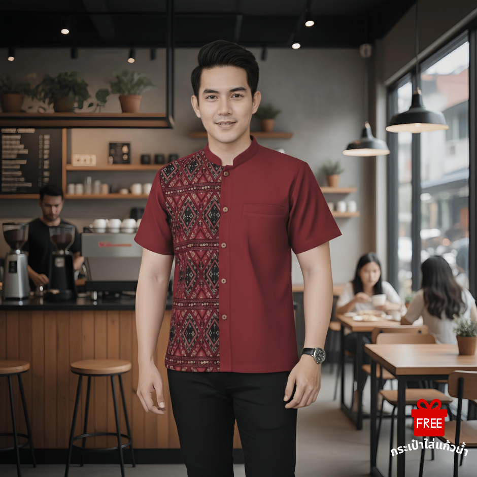 เสื้อลายไทยทูโทนผู้ชายแขนสั้น เนื้อผ้าฝ้ายพิมพ์ลายหมักโคลน โทนสีแดงเข้ม รหัสP4 แถมฟรีกระเป๋าใส่แก้วน้ำ!!
