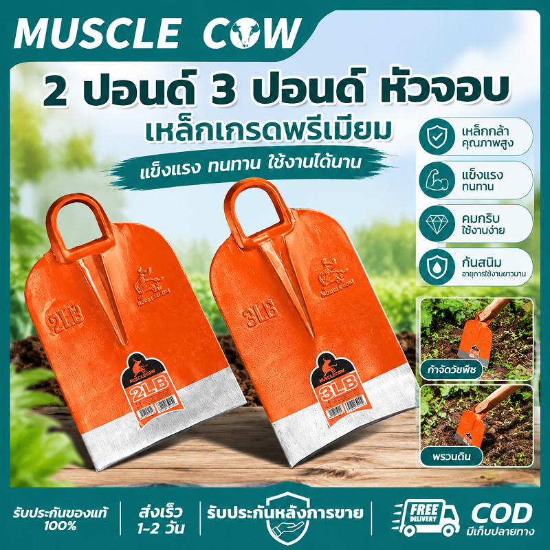 MUSCLE COW จอบถากหญ้า จอบเหล็กหนาคุณภาพสูง น้ำหนัก 2LB/3LB ใช้งานกลางแจ้ง ขุดดิน พลิกดิน ปลูกผัก สวนเกษตร