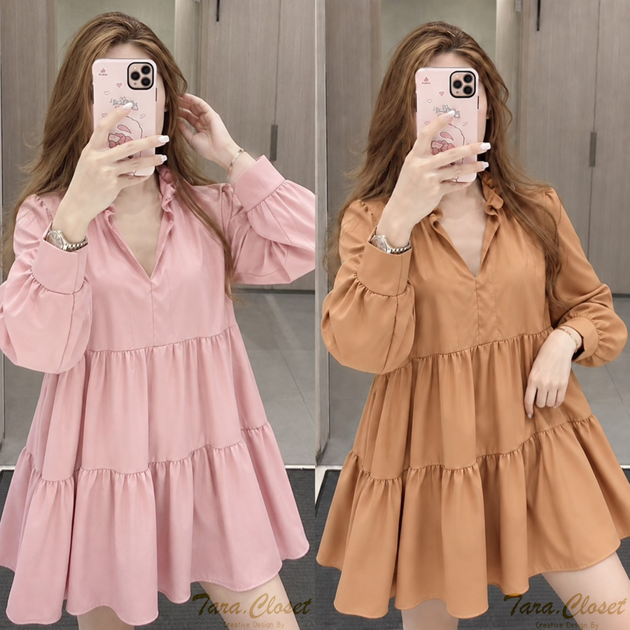 PE058 TARA Dress ชุดเดรสแขนยาว สไตล์คุณแอน คอเต่าแต่งระบาย ชุดแต่งระบายเป็นชั้นๆ เนื้อผ้าไหมอิตาลี ผ้าเบาพริ้ว ใส่สบาย