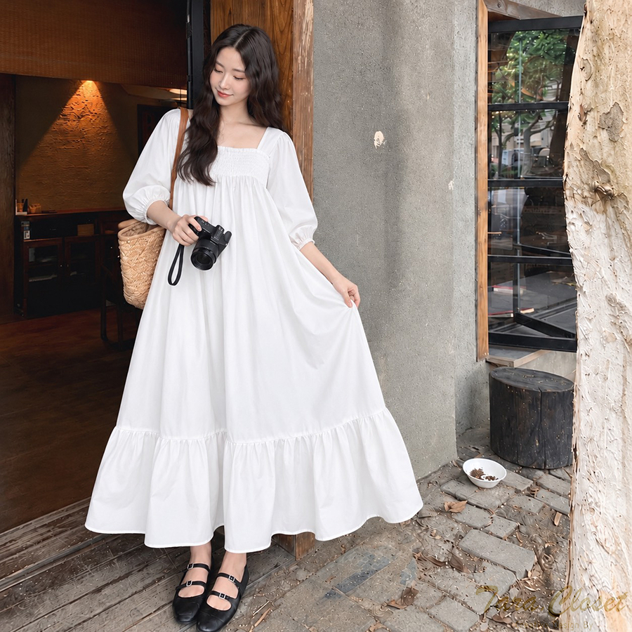 PE055 TARA Dress Big Size เดรสคอเหลี่ยม แขนสามส่วน แต่งสม็อกที่อก ระบายชาย ผ้าไหมอิตาลี พริ้ว สวย เบา แต่ไม่บาง