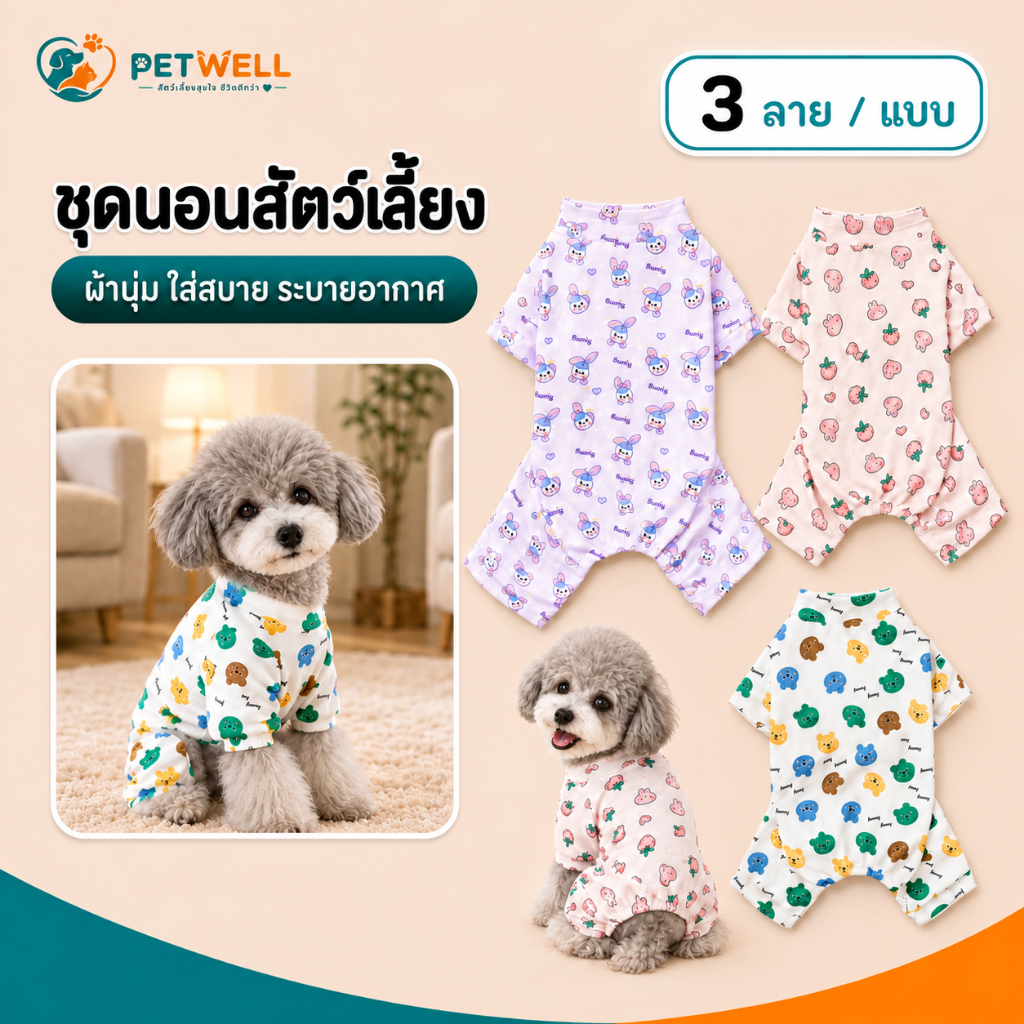 ชุดนอนสัตว์เลี้ยง PETWELL ชุดนอนนุ่มๆ พร้อมลายน่ารัก เสื้อผ้าสัตว์เลี้ยงสำหรับแมวและสุนัข XS-XL