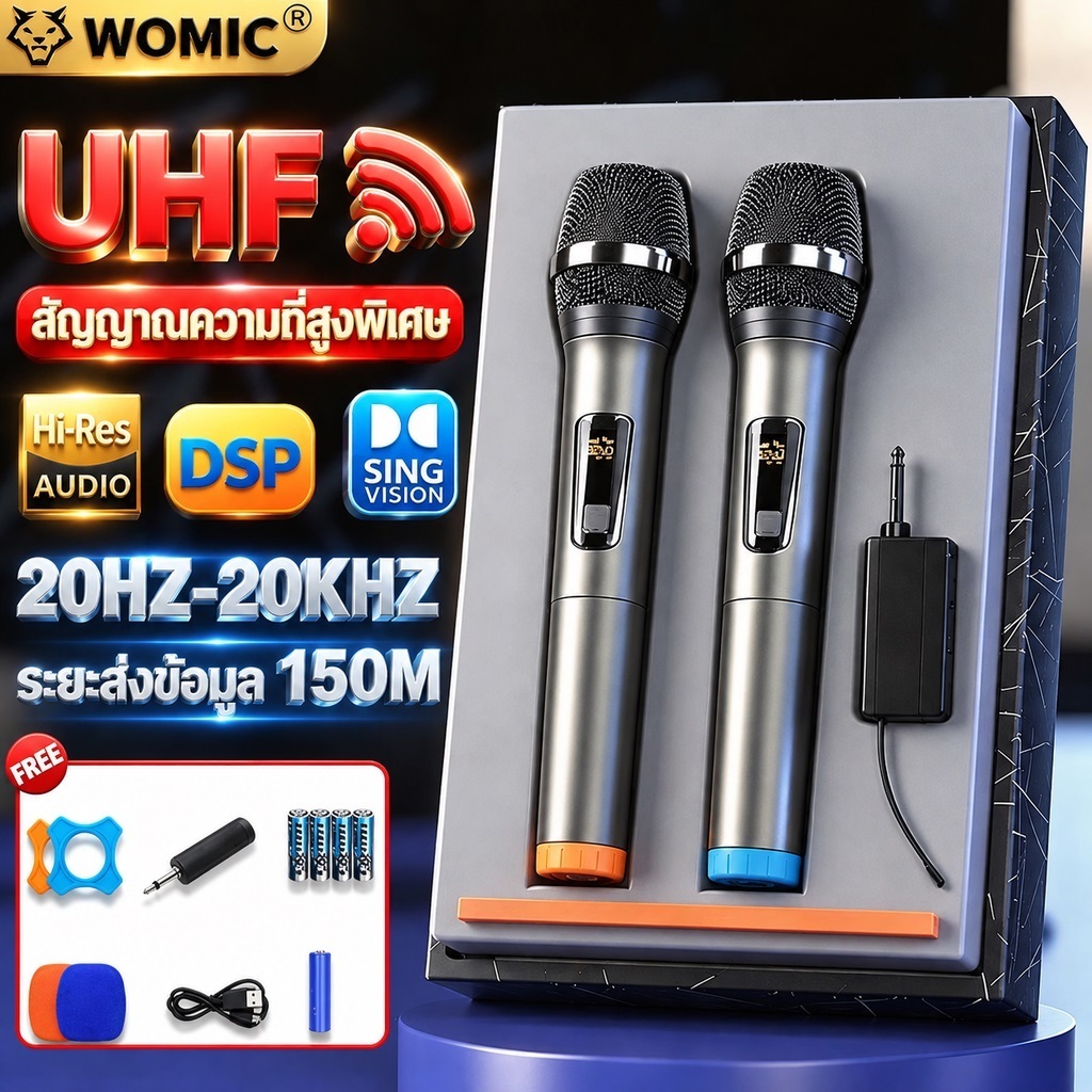 ไมโครโฟนไร้สาย ไมค์ไร้สาย UHF 2.4GHz ไดนามิกคู่ ชาร์จได้  KTV ที่บ้าน ไมค์โครโฟน ไมโครโฟนมือถือ ไมค์ลอยแบบพกพา