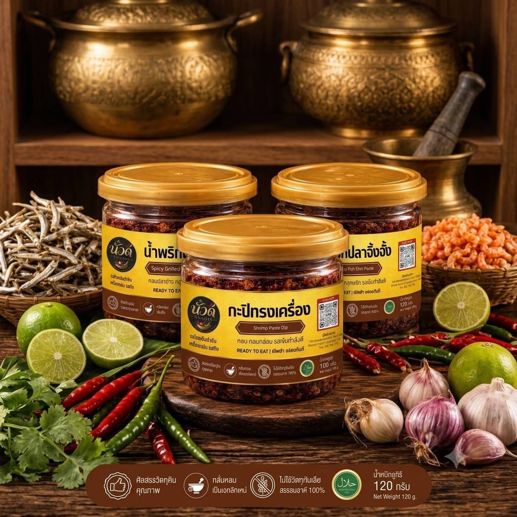โปรโมชั่น 3 กระปุก น้ำพริกปลาจิ้งจั้ง น้ำพริกปลาย่าง กะปิทรงเครื่อง ฮาลาล นัวดี