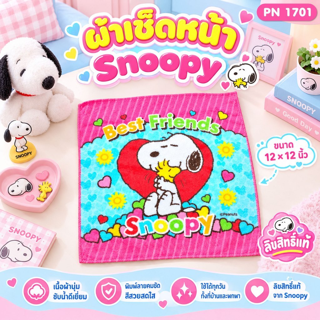 Clearance Sale ของแท้ 100% JHC ผ้าขนหนูลิขสิทธ์ Snoopy PN-1701 ขนาด 12x12 นิ้ว(เช็ดหน้า)