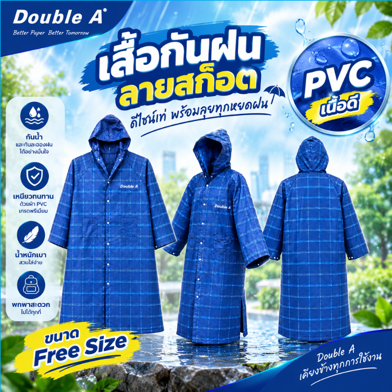 (ส่งด่วน) เสื้อกันฝน ลายสก๊อตสีน้ำเงิน ผ้าPVCหนา เกรด A ขนาด Free Size น้ำหนักเบา สวมใส่ง่าย พกพาสะดวก