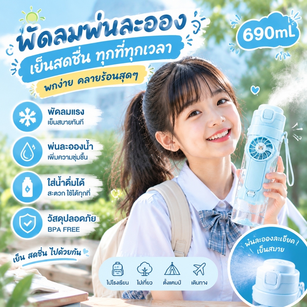 ขวดน้ำพัดลมหมอก ขวดน้ำกีฬา พกพา พร้อมพัดลมขนาดเล็ก พ่นละอองน้ำเย็น คลายร้อน ขวดน้ำอเนกประสงค์ สำหรับออกกำลังกาย เดินทาง
