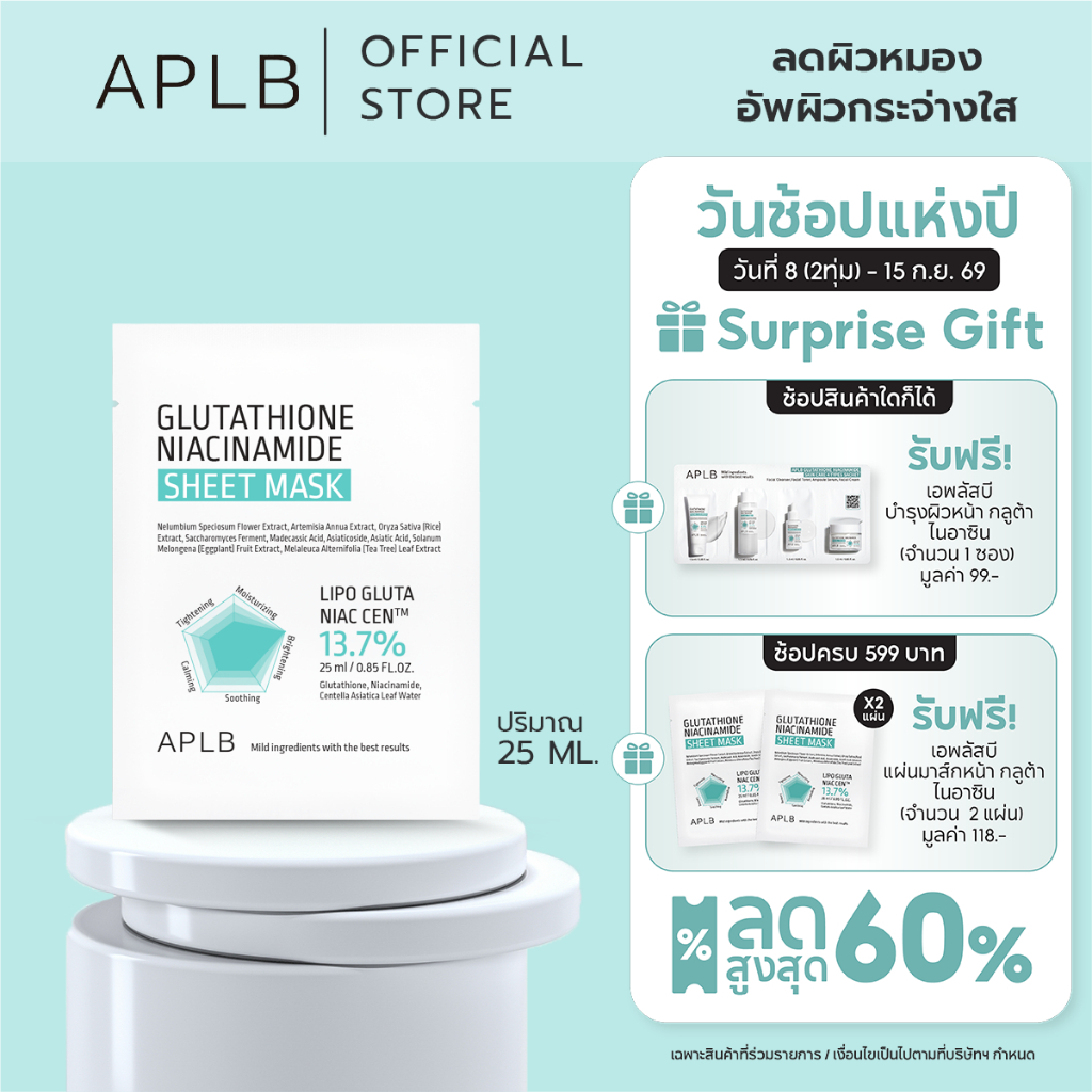 APLB [ผิวใส ลดหมอง] กลูต้าไธโอน ไนอะซินาไมด์ ชีต มาร์ค Glutathione Niacinamide Sheet Mask ปริมาณ 10 แผ่น