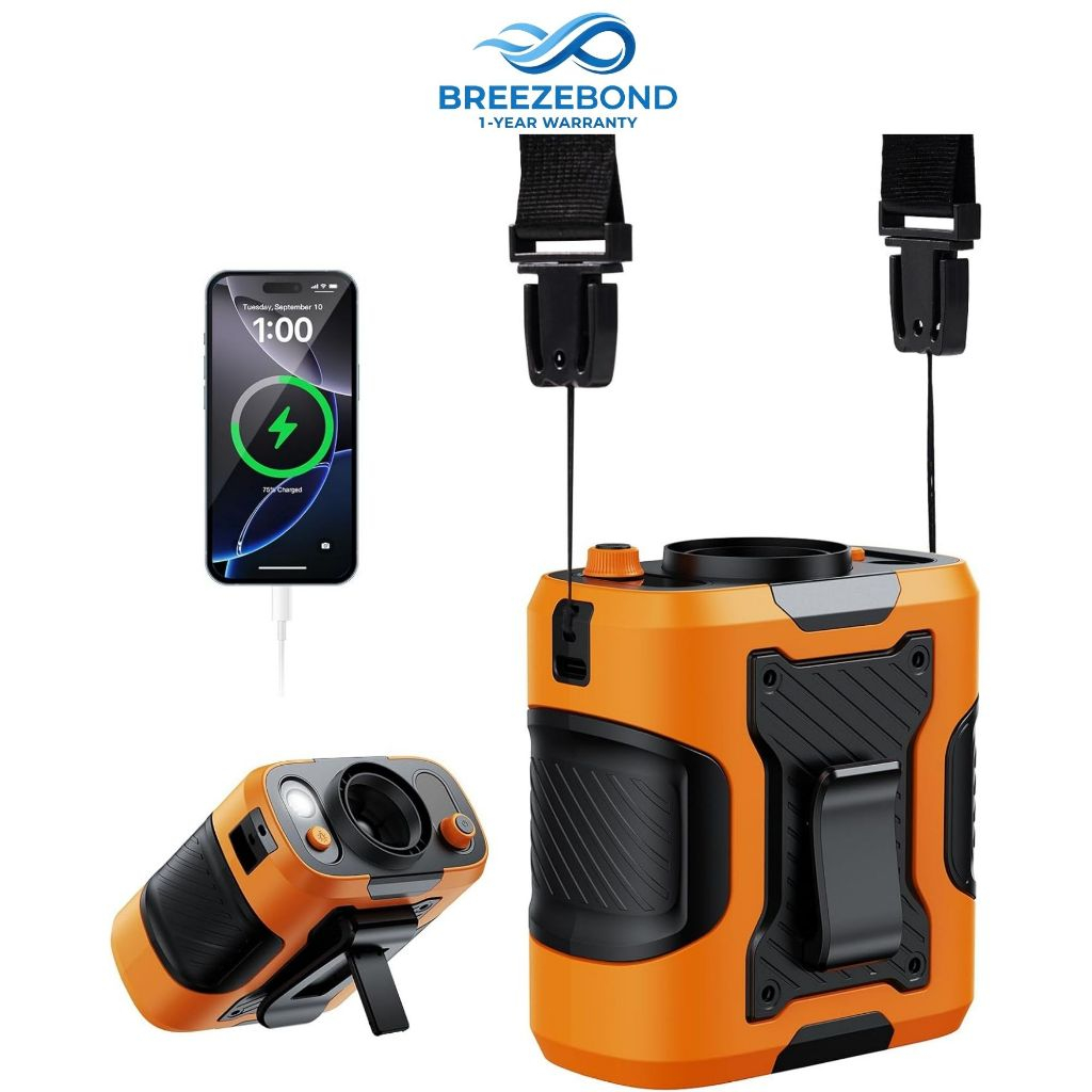 Breezebond พัดลมคาดเอว 10000mAh มอเตอร์ไร้แปรงถ่าน 16000 RPM 5 ระดับ ไฟ LED+SOS ชาร์จ Type-C ใช้ได้ 4 แบบ