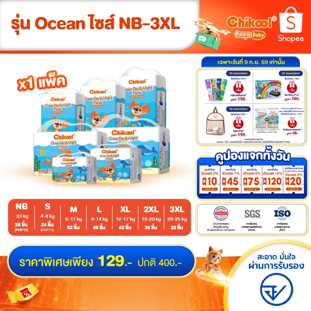 [แพ็คเดี่ยว] Chikool Ocean Day&Night Pants ชิคคูล กางเกงผ้าอ้อมเด็ก โอเชียน เดย์&ไนท์ ไซส์ NB-3XL