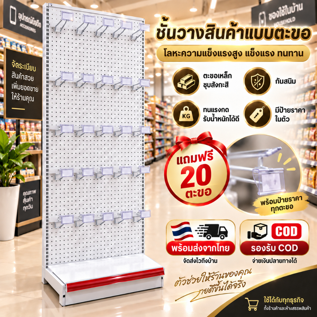 สินค้าใหม่ ชั้นวางสินค้า Pegboard พร้อมตะขอ 20 ชิ้น พร้อมรางป้ายราคา แผงเหล็กเจาะรู สำหรับร้านค้า ซูเปอร์มาร์เก็ต