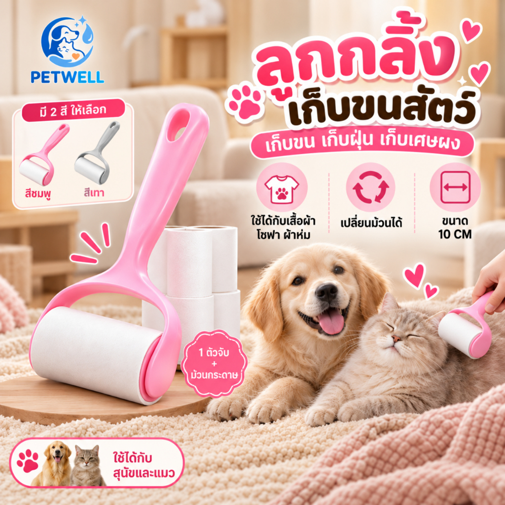 PETWELL ลูกกลิ้งทำความสะอาด เก็บขนสัตว์เลี้ยง กาวเหนียว ใช้ง่าย เก็บขน ฝุ่น เศษขุย สำหรับเสื้อผ้า โซฟา เบาะรถ 10.5×22ซม.