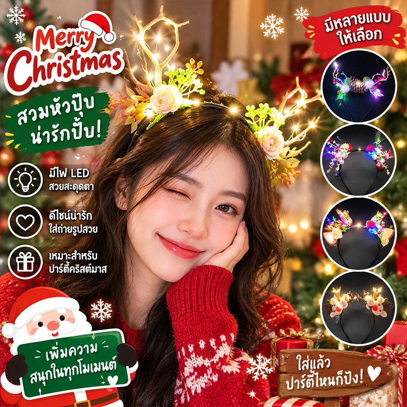 COD ที่คาดผม เขากวาง LED เครื่องประดับผมคริสต์มาส ของตกแต่งปาร์ตี้ คริสต์มาส