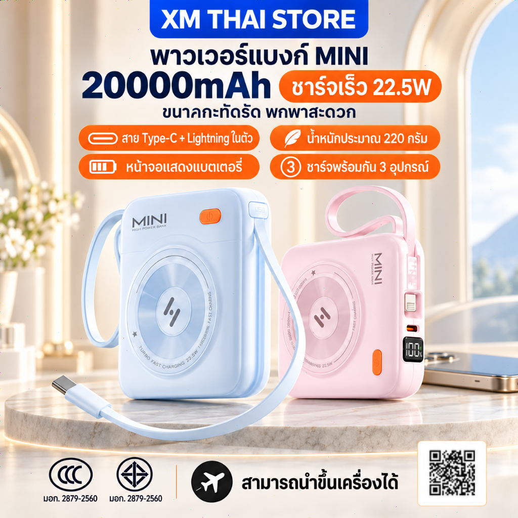 [CCC]Power Bank 20000mAh 22.5W ชาร์จเร็ว PD มีสาย Type‑C+Lightn ในตัว จอ LED ชาร์จพร้อมกัน 3 เครื่อง
