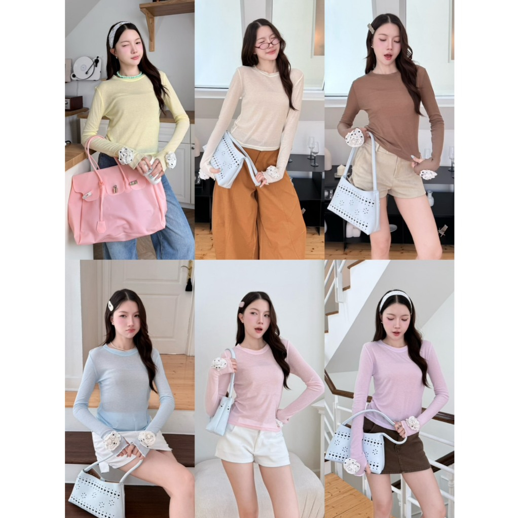 เสื้อแขนยาวแต่งดอกคามิเลีย เสื้อแขนยาวแต่งดอกไม้ที่แขน งานน่ารัก สีพื้น ลายจุด ผ้ายืด KHUN. (K048)