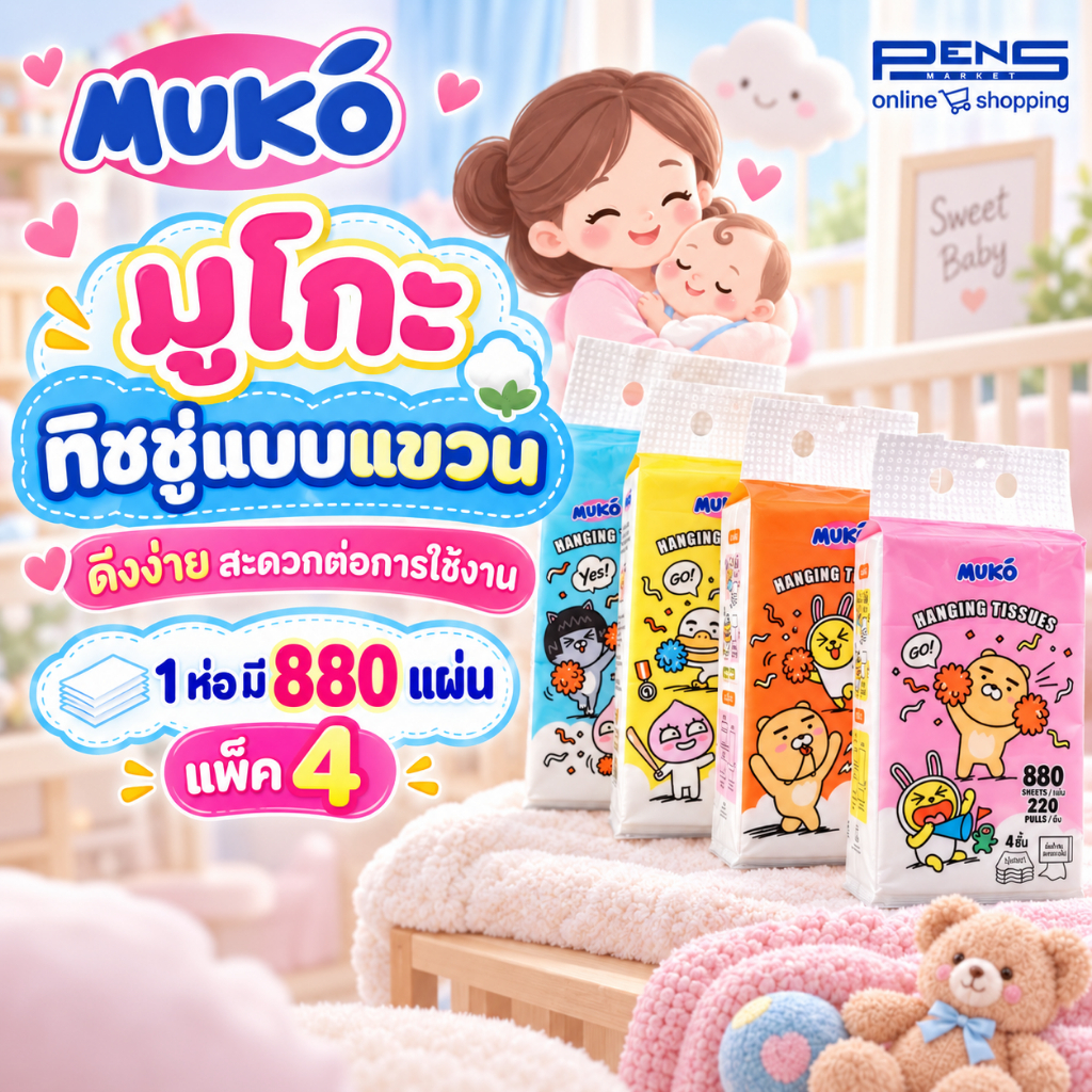 Muko มูโกะ ทิชชู่แบบแขวน 880 แผ่น แพ็ค 4