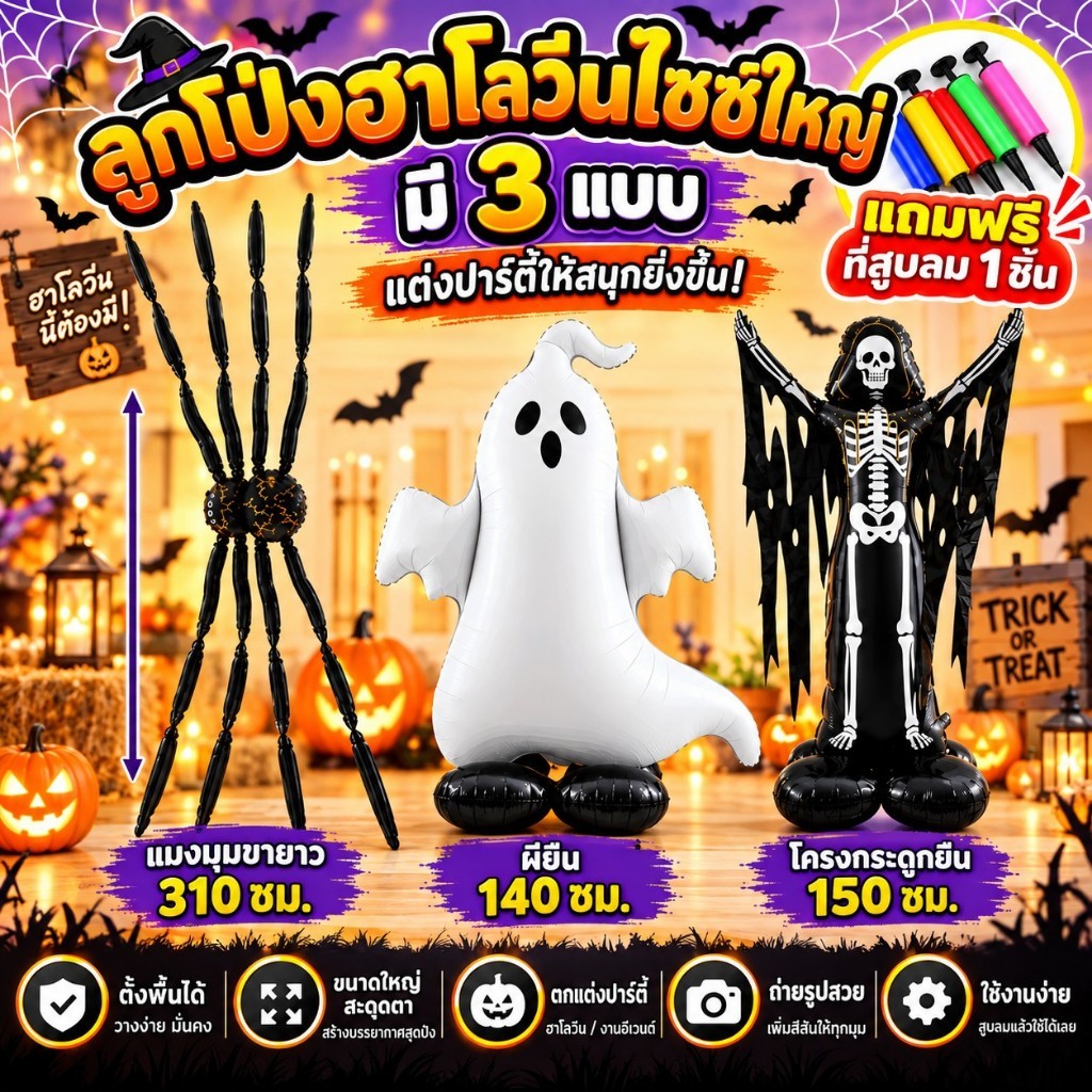 ลูกโป่งฮาโลวีน ลูกโป่งตั้งพื้น ของตกแต่งฮาโลวีน แมงมุม ผี โครงกระดูก ขนาดใหญ่ Halloween Party แต่งบ้าน ร้านค้า