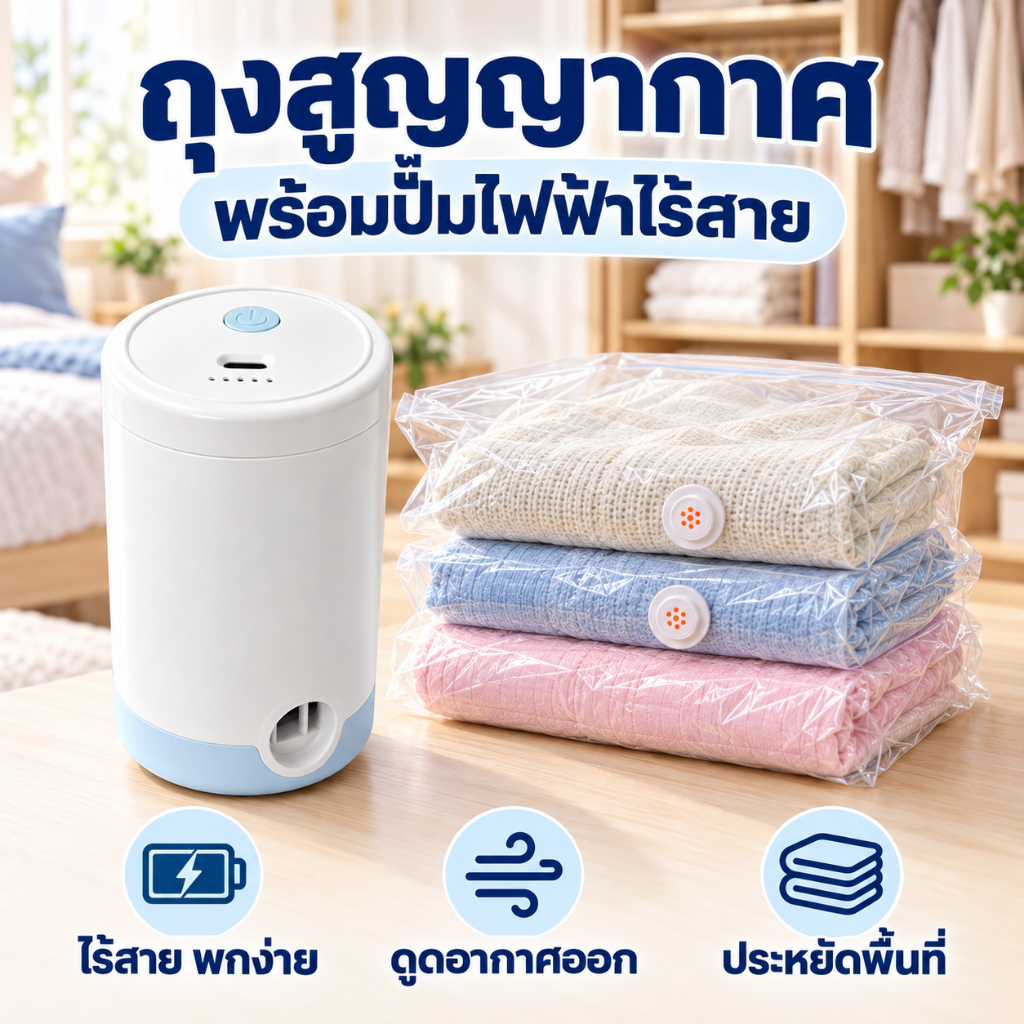 ถุงสูญญากาศ พร้อมปั๊มไฟฟ้าไร้สาย ถุงเก็บเสื้อผ้าและผ้าห่ม ประหยัดพื้นที่ Vacuum Bag