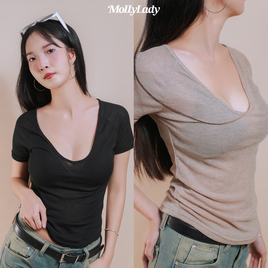 Molly Lady เสื้อซีทรู สามสี คอวีเอวโค้งทรงเข้ารูป แขนต่อผ้าสลาฟ See-through Slub shirt