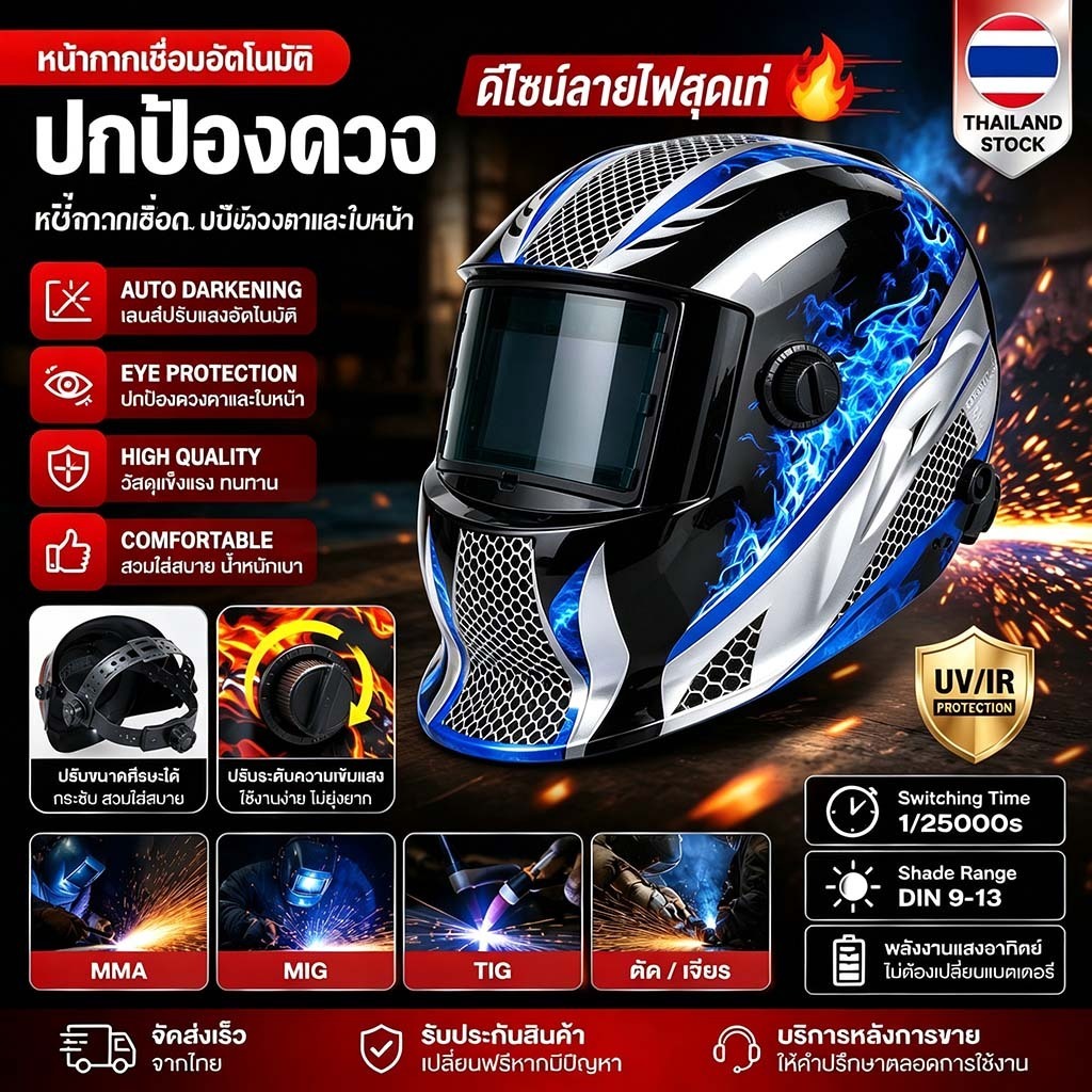 หน้ากากเชื่อมออโต้ เลนส์HD ฟิลเตอร์สีจริง แตกต่างจากฟิลเตอร์ธรรมดา ปกป้องแสงอันตรายทุกชนิด