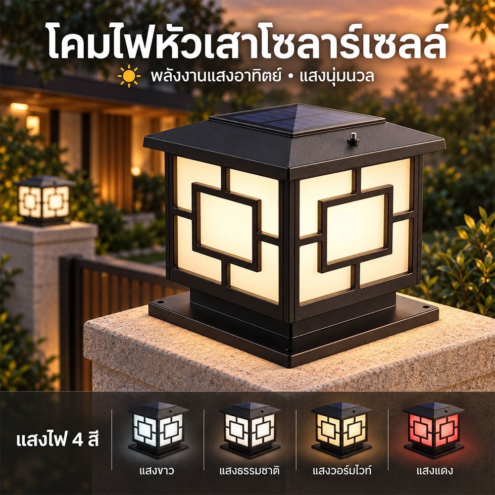 โคมไฟหัวเสา โคมไฟโซล่าเซลล์ ทรงสี่เหลี่ยม ปรับได้ 4 สี กันน้ำ IP67 ค่าไฟ 0 บาท ไฟแต่งสวน