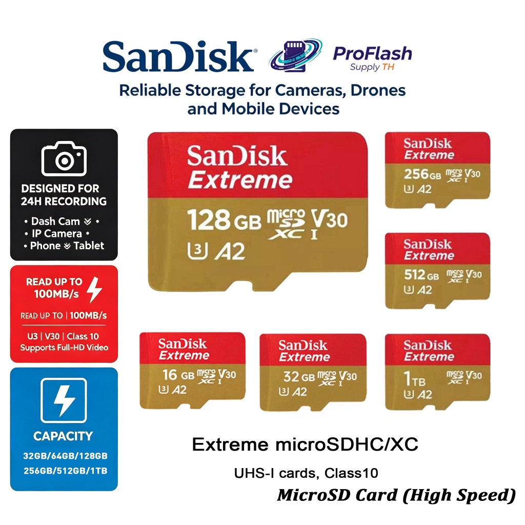 Sandisk Extreme micro SDcard 32GB/64GB/128GB/256GB/512GB/1TB การ์ดหน่วยความจำ A2 V30 อะแดปเตอร์ Proflash supplyå