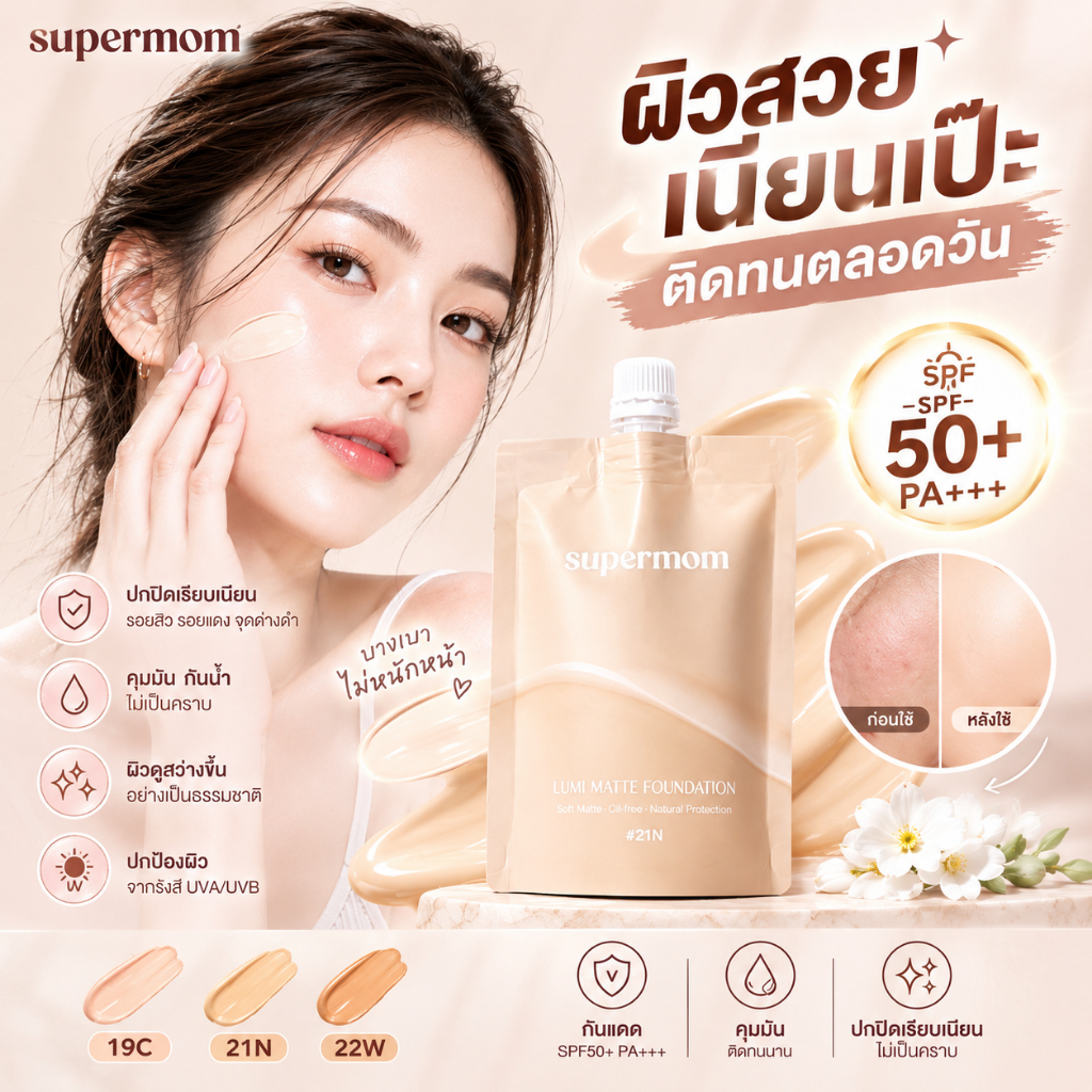 SUPERMOM LUMI MATTE FOUNDATION 8ml รองพื้นซอง เนื้อแมตต์ ปกปิด เบลอรูขุมขน คุมมัน ติดทน ผิวเนียนสวย Vegan Made in Korea