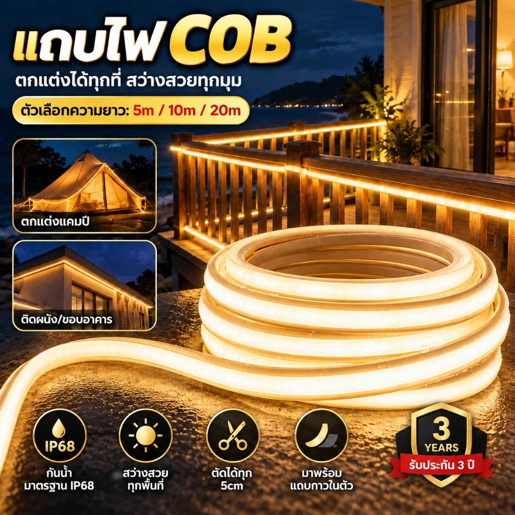 ไฟ COB Strip 24V IP68 กันน้ำ แสงวอร์ม 3000K / แสงขาว 6000K มีเทปกาว ตัดได้ทุก 5cm 5M 10M 20M 30M 50M