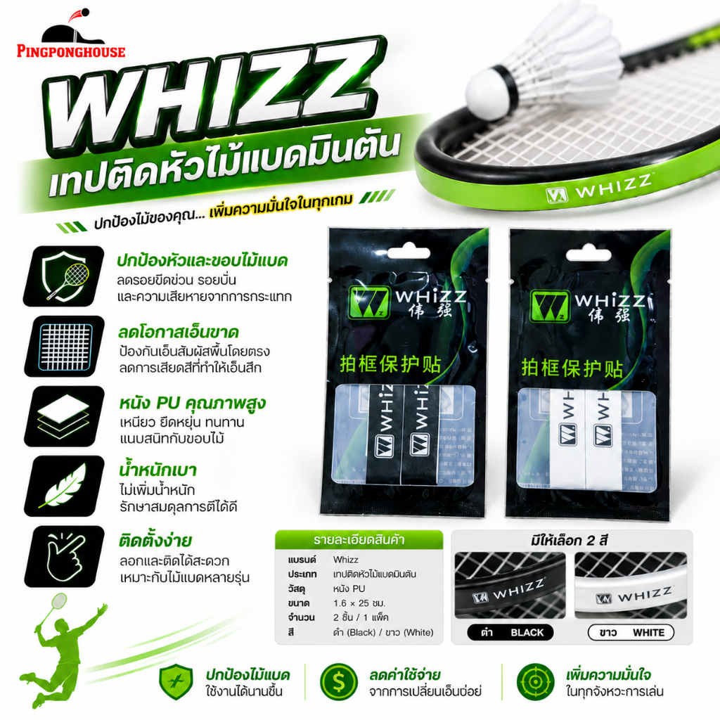 Whizz เทปติดหัวไม้แบดมินตัน เทปกันรอยขอบไม้แบด หนัง PU 1 แพ็ค 2 ชิ้น ป้องกันเอ็นขาด
