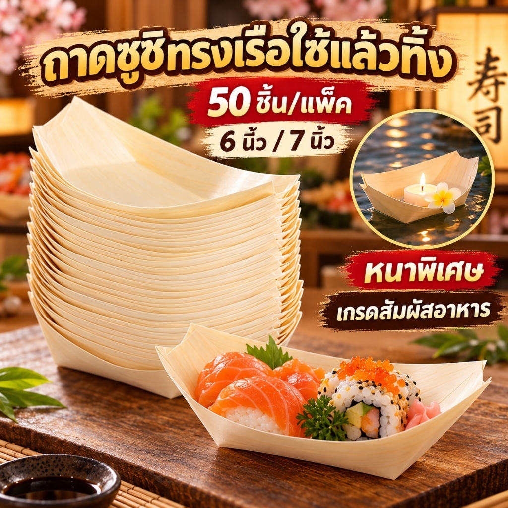 พร้อมส่งจากไทย! 50 ชิ้น/แพ็ค ทรงเรือ ถาดทาโกยากิ ถาดซูชิ กระทงไม้ทรงเรือ กระทงเยื่อไม้ 6,7 นิ้ว Food Grade