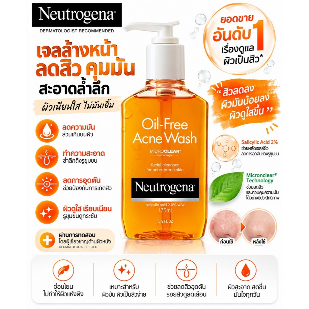 ไม่แท้คืนเงิน Neutrogena Oil Free Acne Face Wash 175ml สบู่เหลวสำหรับล้างหน้าช่วยทำความสะอาด