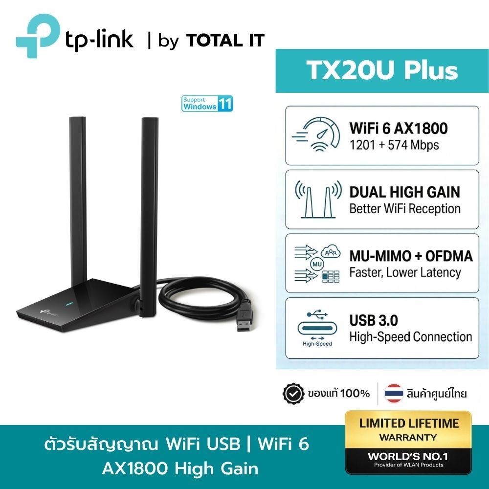 TP-Link Archer TX20U Plus | ตัวรับ WiFi USB AX1800 WiFi 6 | เสา High Gain คู่
