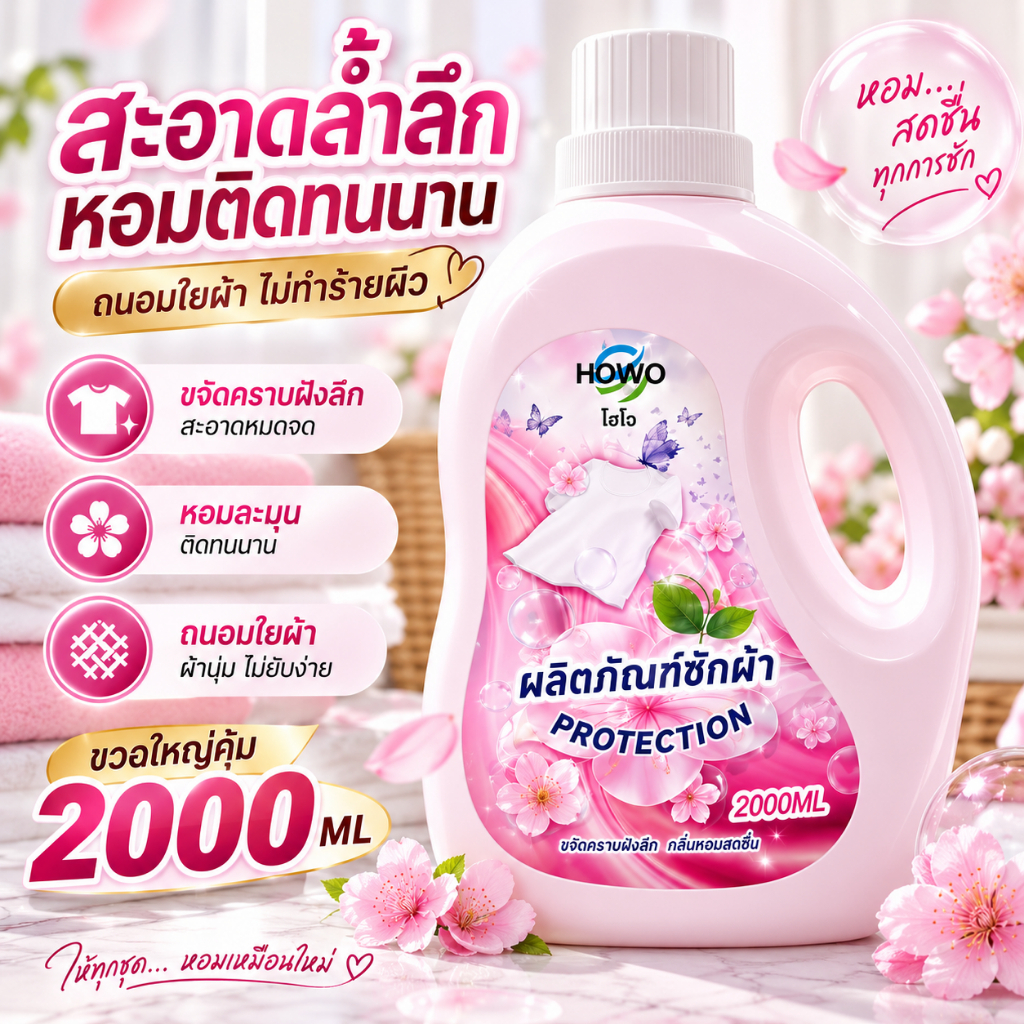 HOWO น้ำยาซักผ้า 2 ลิตร 2000ML กลิ่นหอม ขจัดคราบฝังลึก ล้างออกง่าย ผ้าสะอาดสดชื่น ใช้ได้ทั้งซักมือแล