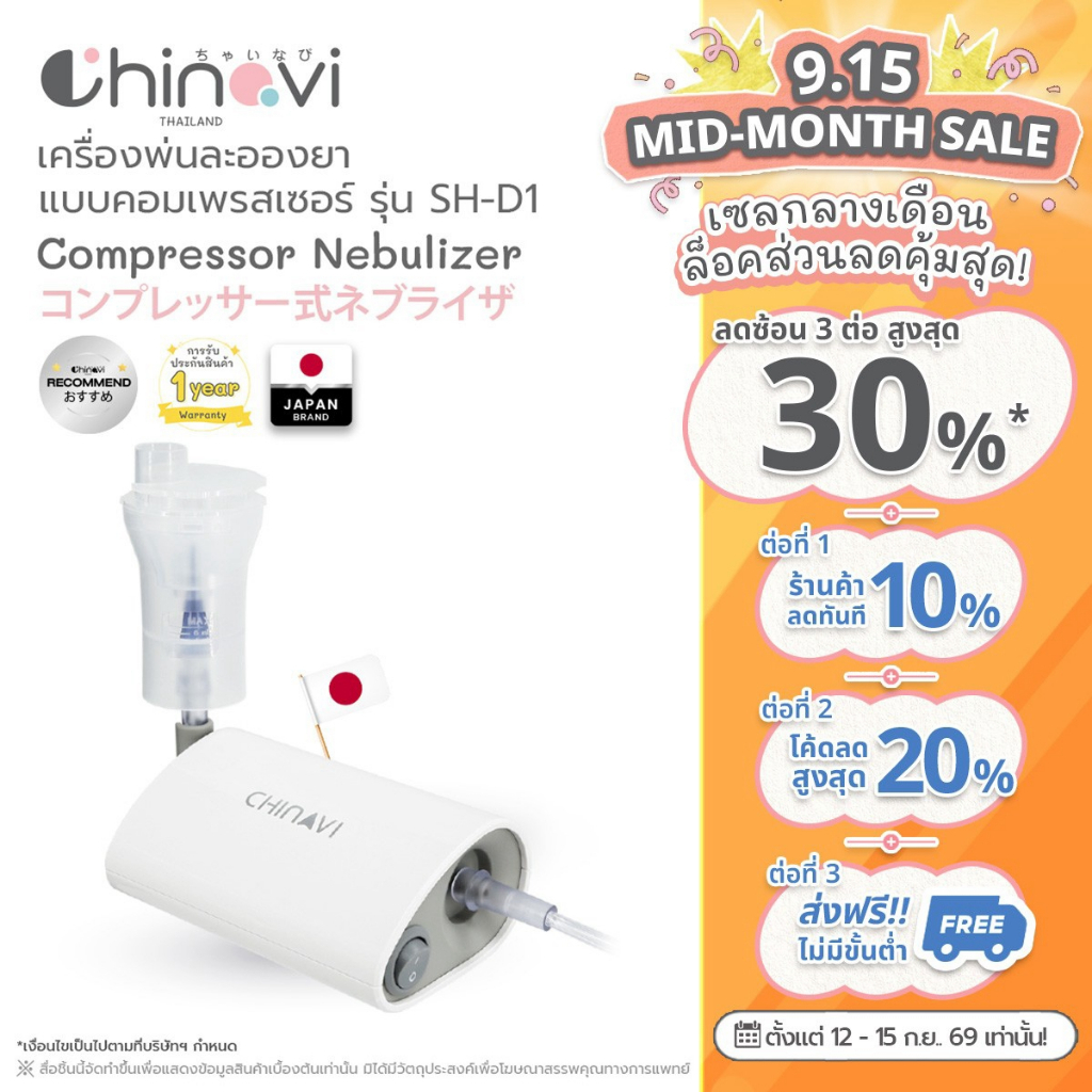 Chinavi เครื่องพ่นยา Compressor รุ่น SH-D1  เครื่องพ่นละอองยา หน้ากากเด็ก-ผู้ใหญ่ รับประกัน 1 ปี